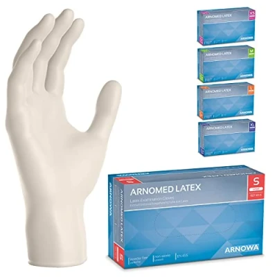 Imagen de ARNOMED guantes de latex talla S, blancos, 100 unidades/caja, sin polvo, desechables, XS, M, L y XL, caja desechables