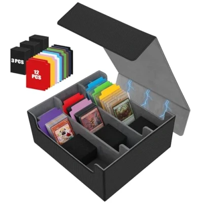 Imagen de REAQUE Caja de Cartas para MTG 2600+, Card Deck Box TCG, Magnetic Flip con Cuero PU, 3 Compartimento, Súper Gran Capacidad