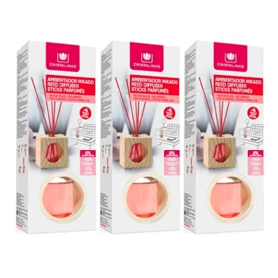 Imagen de CRISTALINAS. Pack 3 Ambientadores Mikado. Cubo de Madera con Varillas ratán. 0% Alcohol Mas 4 semanas duración. 30ml. Aroma Frutos Rojos. (3x30ml)