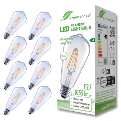 Imagen de greenandco 8x bombilla de filamento LED transparente E27 ST64 5W 1055lm sustituye A 75W 2700K blanco cálido 320 230V sin parpadeo clase energética no regulable