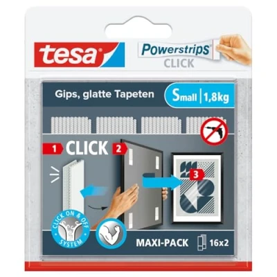 Imagen de tesa Powerstrips CLICK Tiras adhesivas para sujetar y soltar marcos de fotos decoración pared sin taladrar con sistema clic ON OFF Pequeño 16 x 2 Piezas