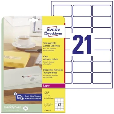 Imagen de Avery España L7565 25 etiquetas adhesivas transparentes brillantes, 99.1x67.7mm, Caja de 200