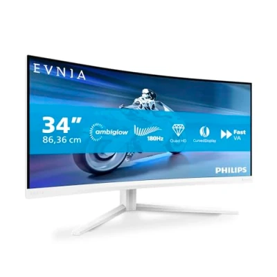 Imagen de Philips Evnia 34M2C5501A Monitor Curvo WQHD de 34 Pulgadas para Juegos, 180 Hz, 1 ms, FreeSync Premium, Ambiglow (3440x1440, 2X HDMI 2.0, 1x DisplayPort 1.4, Hub USB) Blanco