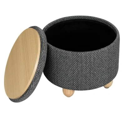 Imagen de WOLTU Taburete Redondo de Almacenamiento, Puff Baúl Almacenaje con Tapa Bandeja Extraíble, Reposapiés Sofá Multiusos, Asiento Lino Grueso, Ø 39x33 cm, Gris Oscuro, SH77dgr