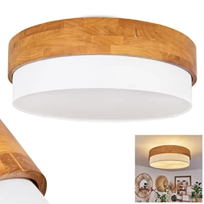 Imagen de hofstein lámpara de techo Vrolle, moderna metal/madera/tejido en níquel mate/natural/blanco, diseño escandinavo, Ø 50 cm, 3 llamas, x E27, sin bombilla(s)