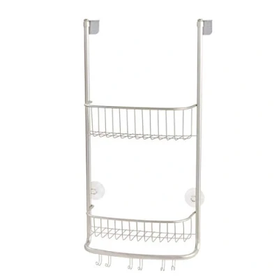 Imagen de iDesign Organizador de ducha para colgar, pequeña estantería colgante metal con 2 baldas y 3 ganchos dobles, cesta la cabina ducha, plateado