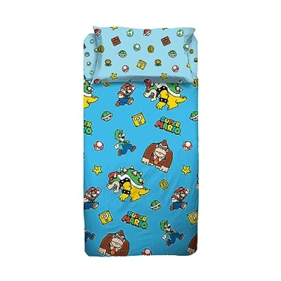 Imagen de Super Mario Juego de sábanas Individuales para Dormitorio, una Plaza, Funda Almohada, sábana encimera, Bajera Ajustable, 100% algodón, Azul
