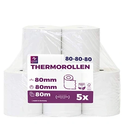 Imagen de papel térmico 80x80 Rollo para impresora termica Rollos de tickets 80mm 80x80x12 caja registradora negocio y bar (5 ud.)