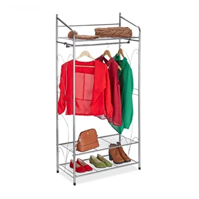 Imagen de Relaxdays Perchero Burro Metálico Adornos, Colgador Ropa Retro, 161x78x36 cm, 3 Baldas y Barra Perchas, Color Plateado, Hierro, 161 x 78 36 cm