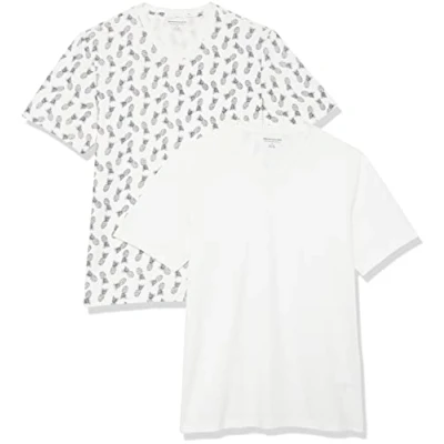 Imagen de Amazon Essentials Camisetas de manga corta con cuello pico y corte ajustado Hombre, Pack 2, Blanco/Estampado Piñas, L