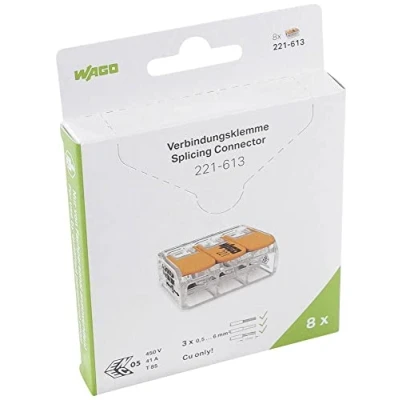 Imagen de WAGO Terminales de conexión 221 613 3 polos, hasta 6 mm², conector cable compacto con palanca para todos los tipos conductores en todo el mundo, seguridad confirmada aplicación, 8 unidades