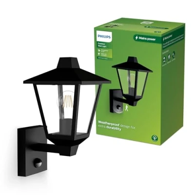 Imagen de Philips Kinno Aplique de pared con sensor movimiento para exteriores, luz hacia arriba, Max 25W, casquillo E27, Negro​