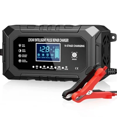 Imagen de 15A Cargador de Batería Coche,12V/24V Bateria Portátil LiFePO4, Mantenimiento Inteligente 9 Niveles, Múltiples Protecciones, para Coches, Camiones, Motocicletas