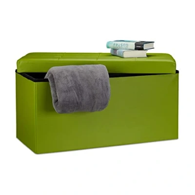Imagen de Relaxdays Faltbare Sitzbank 38 x 78 cm HxBxT, 2 Sitzer m. Stauraum, Kunstleder Sitzhocker 300 kg belastbar, grün Banco Asiento Plegable, Piel Sintética, Verde, 76x38x38