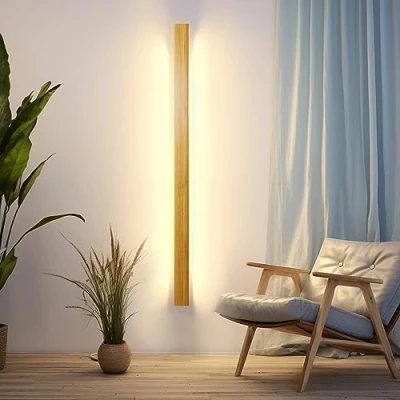 Imagen de Lámpara De Pared Interior LED Aplique Madera Moderno Apliques 3000k 31w Natural Bambú Luz Larga Para Sala Estar, Dormitorio Pasillo Escalera Iluminación,100cm