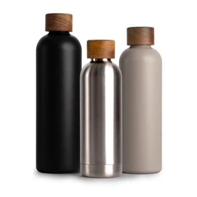 Imagen de T&amp;N Botella de Acero Inoxidable 500ml Termo Reutilizable 0,5l con tapa madera acacia, cantimplora termica sin BPA, Aislamiento Vacío Doble Pared para Bebidas Frías 29h y Calientes 14h