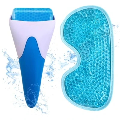 Imagen de antifaz gel frio y Ice Roller Facial. Kit antiojeras, mascara cara rodillo facial hielo, masajeador facial, para ojos, alivio el dolor de cabeza, migraña alivio.
