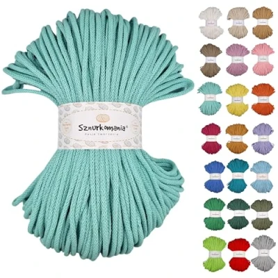 Imagen de Sznurkomania cordón de algodón trenzado 5 mm, 100 m, 46 colores, ganchillo, macramé, hilo premium, cuerda (verde claro)