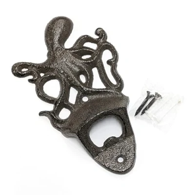 Imagen de Abridor de botellas hierro fundido, montaje en pared, pulpo, 16 cm x 9,5 cm, 200 g, negro/marrón