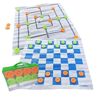 Imagen de alldoro 60063 Juego de Molino y Damas XXL, Mesa 2 en 1 para Exteriores con 24 Piezas, tapetes Aprox. 158x158 cm, niños a Partir 3 años Adultos