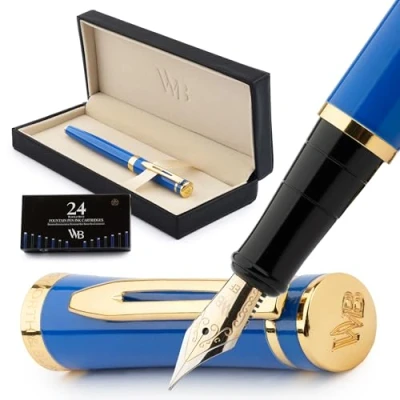 Imagen de Wordsworth &amp; Black Juego de plumas estilográficas, punta extrafina, 24 cartuchos tinta, convertidor recarga tinta y estuche regalo, acabado cromado, para caligrafía, azul imperial