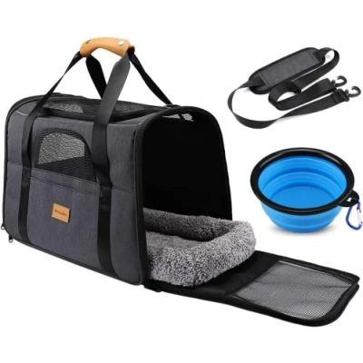 Imagen de morpilot Transportín Perro Gato, Bolsa Transporte Transpirable para Mascotas, Portador de Viaje con Correa Hombro Ajustable, Gato Colchón Suave+Tazón (17.3 * 12.2 13.4 Inch)