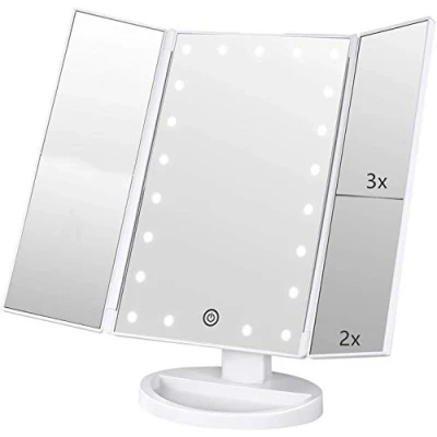 Imagen de Flymiro Espejo Maquillaje con Luz, Profesional Cosmético 1X, 2X,3X Iluminacíon 21 LED Pantalla táctil Lámparas,Plegable Lámpara 180 Rotación Coméstico Mostrador,Mejor Regalo (Blanco)