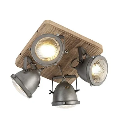 Imagen de Qazqa Plafón industrial acero madera orientable 4 luces EMADO/Acero Cuadrada Adecuado para LED Max. x 25 Watt