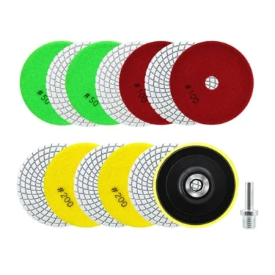 Imagen de SANLEETEK Almohadillas de Pulido Diamante 12piezas 100mm Disco Pulir Grano 50x4/100x4/200x4 con M14 Plato Apoyo+Adaptador para Granito Mármol Piedra Artificial Cuarzo
