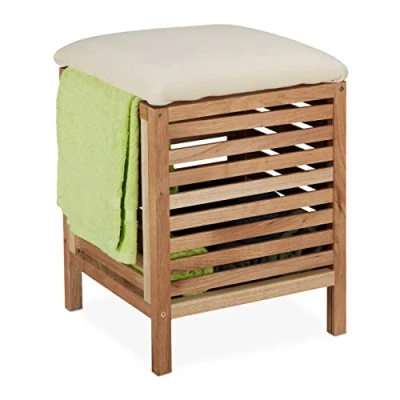Imagen de Relaxdays Cesta de Ropa Sucia con Asiento, Taburete Baño Almacenaje, Madera Nogal, 35 L, 51 x 39 cm, Natural, Algodón, 51x39x39 cm