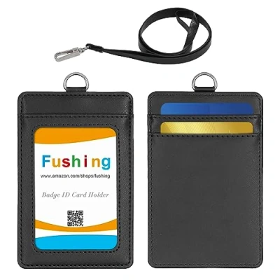 Imagen de Fushing Piel Sintética tarjeta de identificación Nombre Etiqueta Badge titular visualización vertical con correa para cuello Escuela Negocios Caso (Negro)