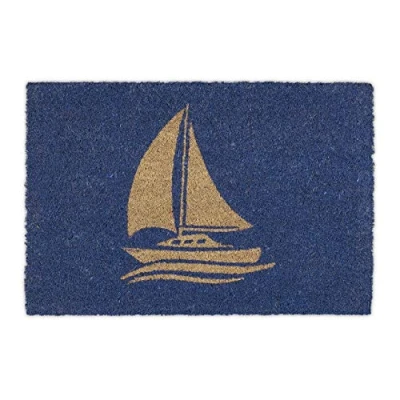 Imagen de Relaxdays Felpudo Coco, Estampado Velero, Alfombrilla Puerta Interior y Exterior, Marítima, 60 x 40 cm, Azul/Natural