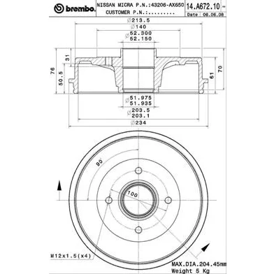 Imagen de BREMBO 14.A672.10 Tambor de Freno sin anillo sensor ABS 203 NISSAN: MICRA 3