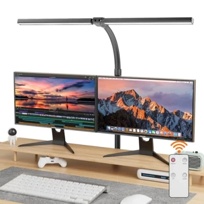 Imagen de EUARY lámpara de escritorio 1300 lm, doble cabeza, LED, regulable, mando a distancia, 24 W, 80 cm, con abrazadera, mesa, luz diurna, para oficina en casa, brazo giratorio,