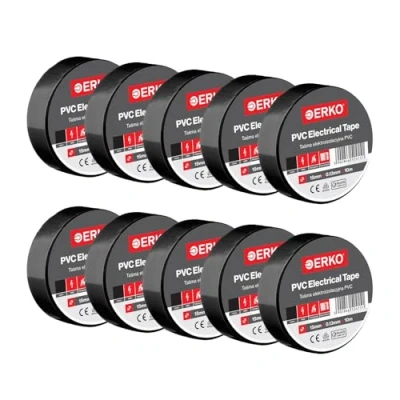 Imagen de ERKO Cinta Aislante Negra 10 Unidades 15mm x 10m de PVC Flexible para Electricidad Alta Adhesión, Resistente a Químicos, Impermeable Profesional Cableado hasta 6kV