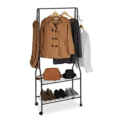 Imagen de Relaxdays Perchero Ruedas con 2 Estantes, Organizador, Burro Ropa para Bolsos, Zapatos, Metal, 161 x 68 33,5 cm, Negro