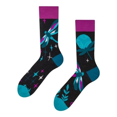 Imagen de Dedoles Calcetines Unisex Hombre Mujer y Niños Algodón muchos diseños divertidos diferente izquierda derecha, color: Negro, diseño: Libélulas en la noche, tamaño: 39 42