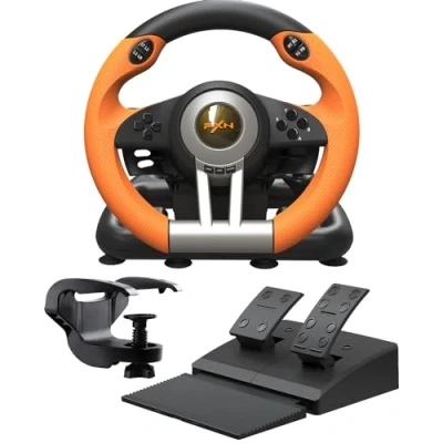 Imagen de PXN V3 Pro Volante con Pedales de Juego 180, Retroalimentación Vibración, Paletas Cambio, Cambiador Marchas Corporal para PC, PS3, PS4, Xbox y Switch Naranja