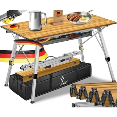 Imagen de KESSER® mesa de camping plegable con marco aluminio, plegable, altura regulable 90 x 53 cm, hasta 50 kg, incluye bolsa transporte correa y red, aspecto madera