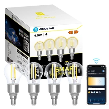 Imagen de Aigostar Bombilla Inteligente Alexa, Led E14 Vintage, G45 Transparente Tipo Globo, 4.5W, 470LM, Regulable Cálida a Fría 2700K 6500K, Compatible con Alexa y Google home, 4 Unidads