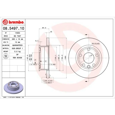 Imagen de BREMBO 08.5497.10 Disco de freno 260 16 5 macizo VOLKSWAGEN: Transporter 4 Bus,
