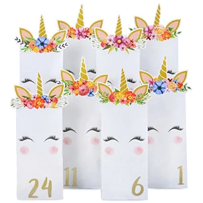 Imagen de Papierdrachen Calendario de adviento DIY para Rellenar Unicornios troquelados con 24 Bolsas Papel Blancas Impresas y Hacer tú Mismo Navidad 2021.
