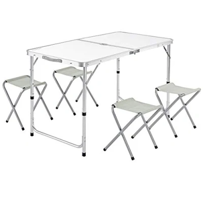 Imagen de Casaria Mesa de Aluminio Plegable XXL 4 taburetes Plegables función Maleta Camping Transporte fácil Blanco jardín