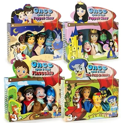 Imagen de Leomark Marionetas coloradas para Jugar Kit de 16 coloradas, 4 Cuentos Hadas: Aladino, El Gato con Botas, Pinocho, Reina Las Nieves, Teatro en casa
