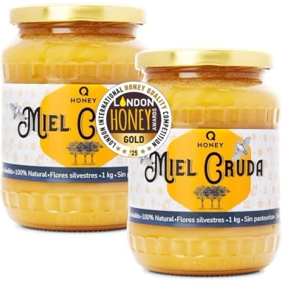 Imagen de Q Honey Miel de Abeja Pura, Cruda, 100% Pura Natural Sin Filtrar Azúcar, Alta Concentración Minerales 1kg Tarro cristal