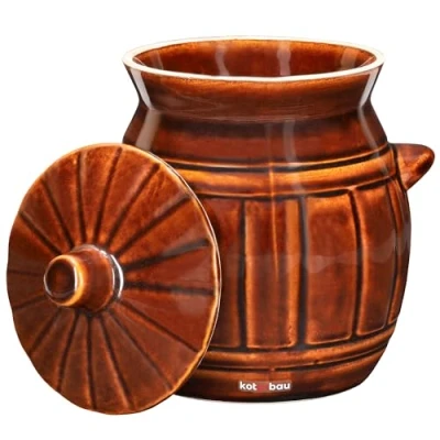 Imagen de KOTARBAU® Recipiente de fermentación gres con Tapa, 2,7 L, Marrón, Bote Barro, Olla cerámica Asas, Tarro para fermentar chucrut, kimchee, conservar Alimentos