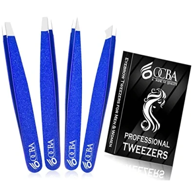 Imagen de OCBA 4 pinzas azules para el vello facial mujeres y hombres cuidado preciso de las cejas profesionales acero inoxidable con revestimiento negro encarnado en la nariz