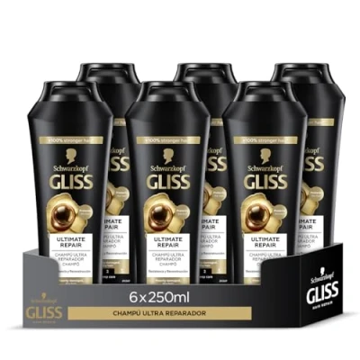 Imagen de Schwarzkopf Gliss Ultimate Repair Champú ultra reparador para cabello dañado y seco (6 x 250 ml), con keratina líquida sérum de perla, 90% más resistencia brillo