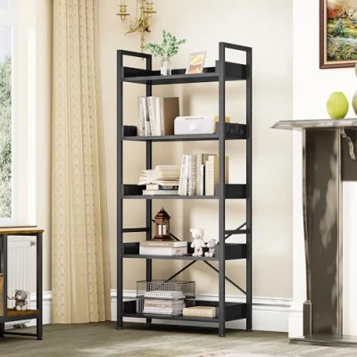 Imagen de YITAHOME Librería de 5 Niveles, Estantería Industrial para Libros Piso, Estante Madera y estanterías con Marco Acero Estable 4 Ganchos Sala Estar, Oficina en casa, Negro