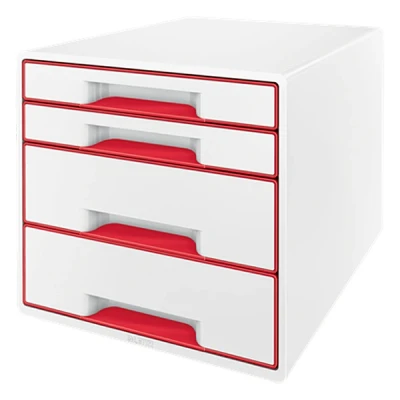 Imagen de Leitz WOW Cajonera de Sobremesa, Archivador Cajones para Escritorio Tamaño A4 con Bandeja Organizadora Transparente, 2 Pequeños y Grandes, Blanco/Rojo, 52132026